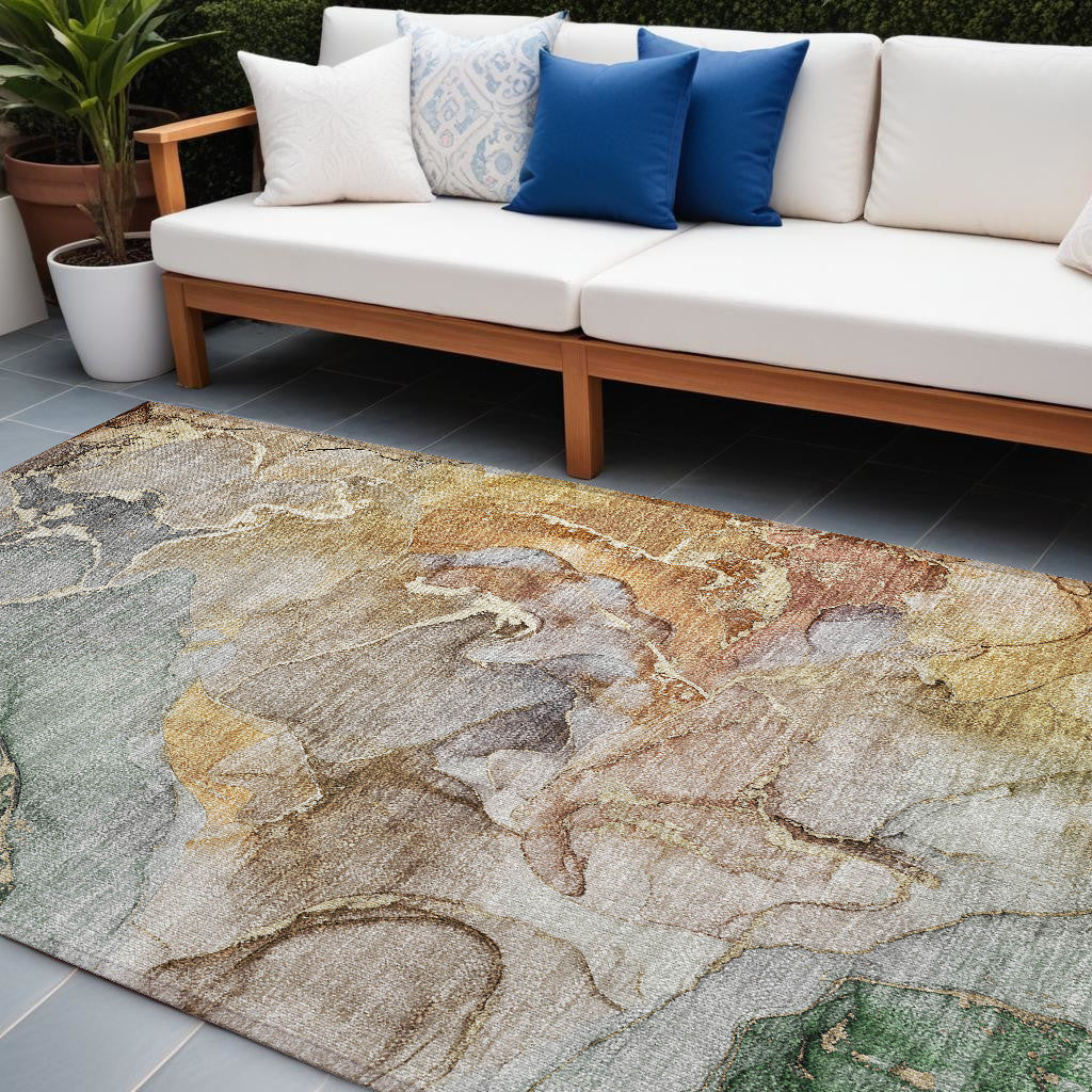 9' X 12' Gray And Gold Abstract Washable Non Skid Indoor Outdoor Area Rug