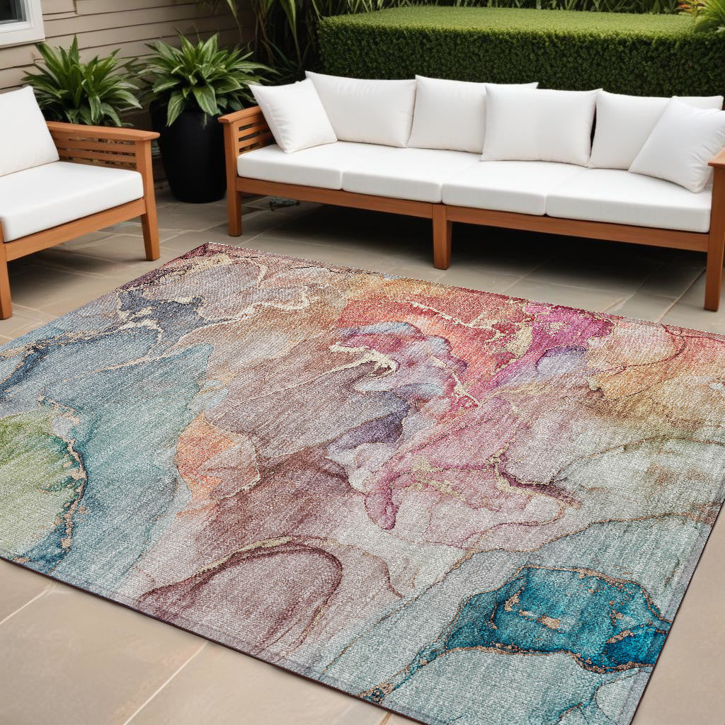 9' X 12' Blue Abstract Washable Non Skid Indoor Outdoor Area Rug