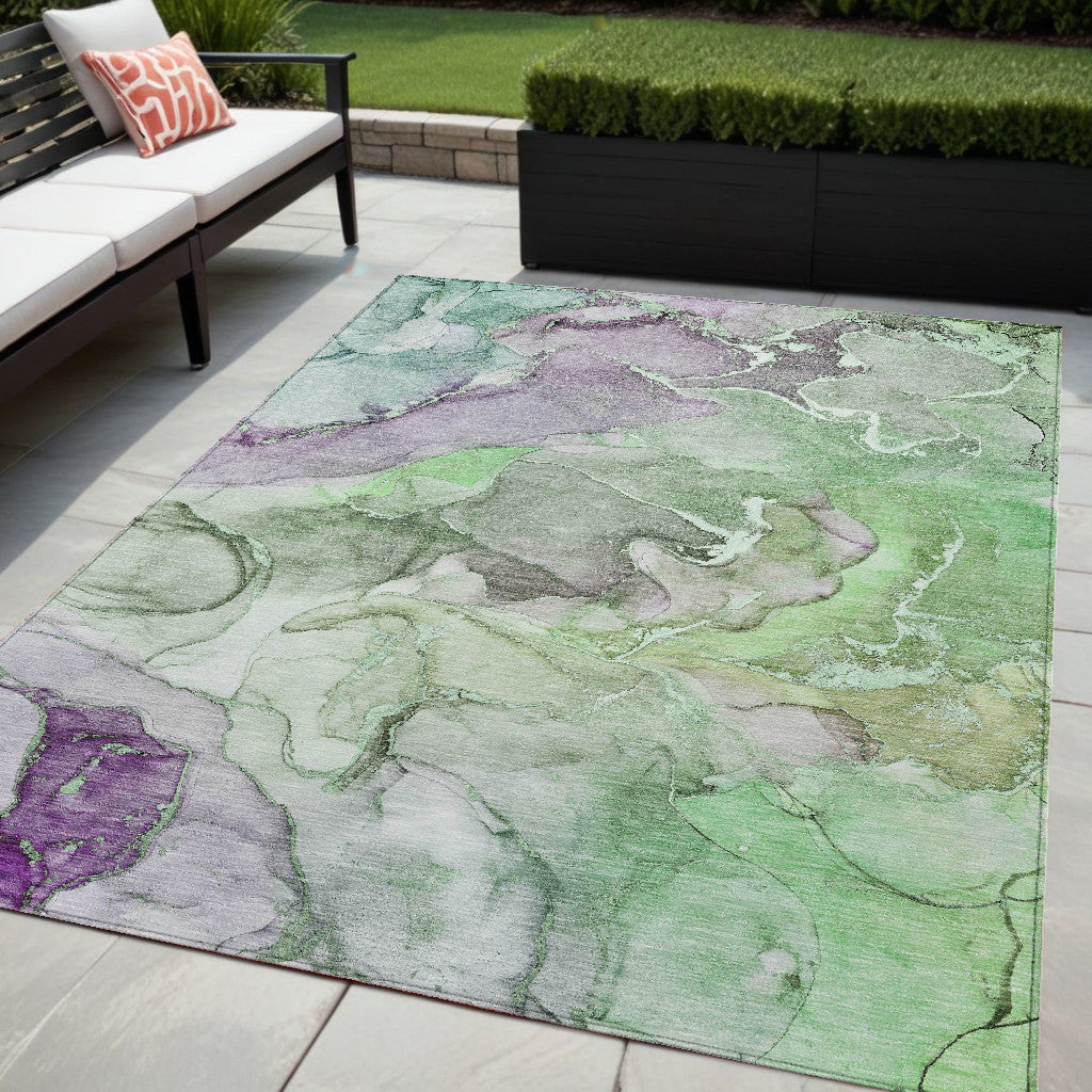 5' X 8' Green Abstract Washable Non Skid Indoor Outdoor Area Rug