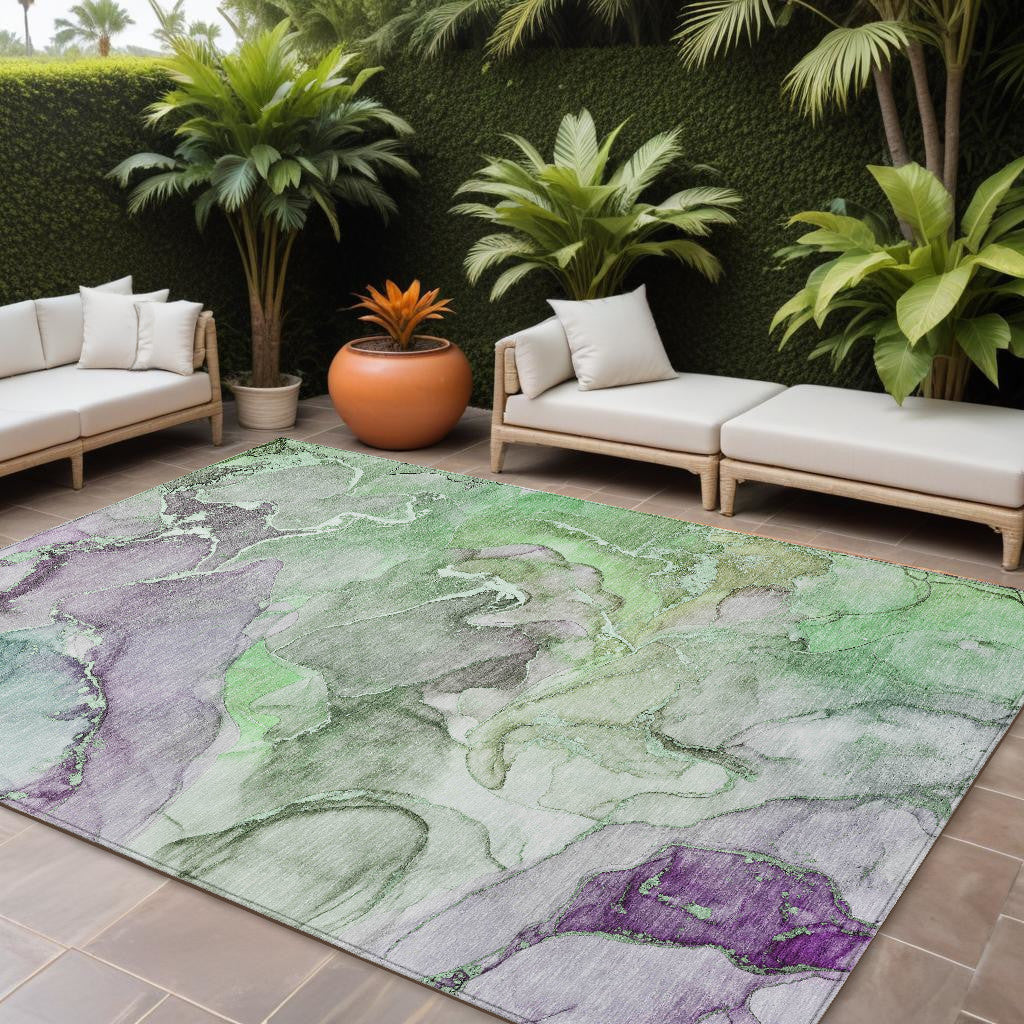 9' X 12' Green Abstract Washable Non Skid Indoor Outdoor Area Rug
