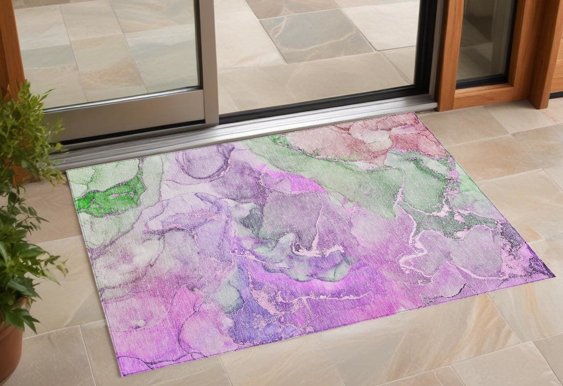 3' X 5' Purple Abstract Washable Non Skid Indoor Outdoor Area Rug