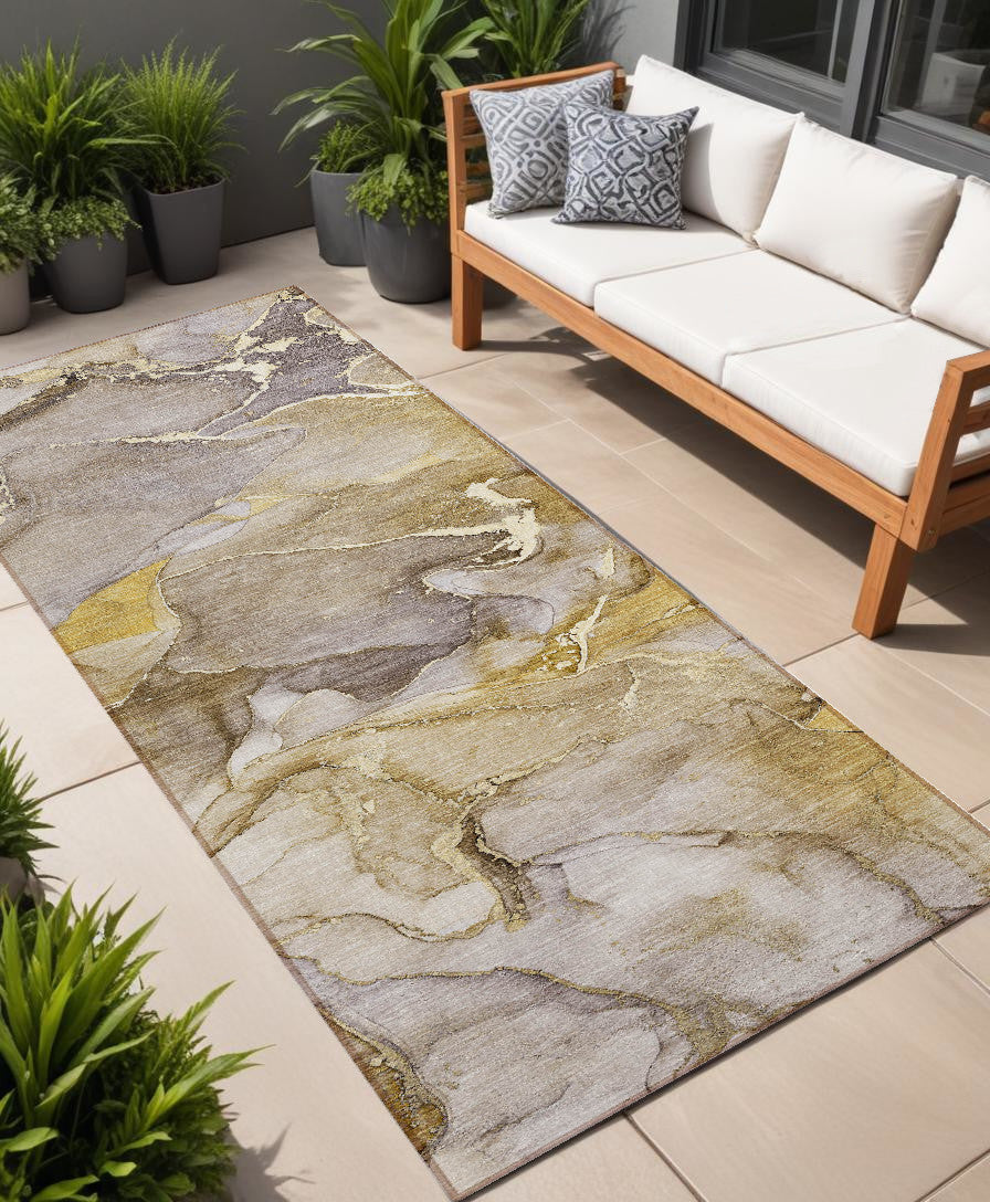 8' Runner Taupe Abstract Washable Non Skid Indoor Outdoor Runner Rug