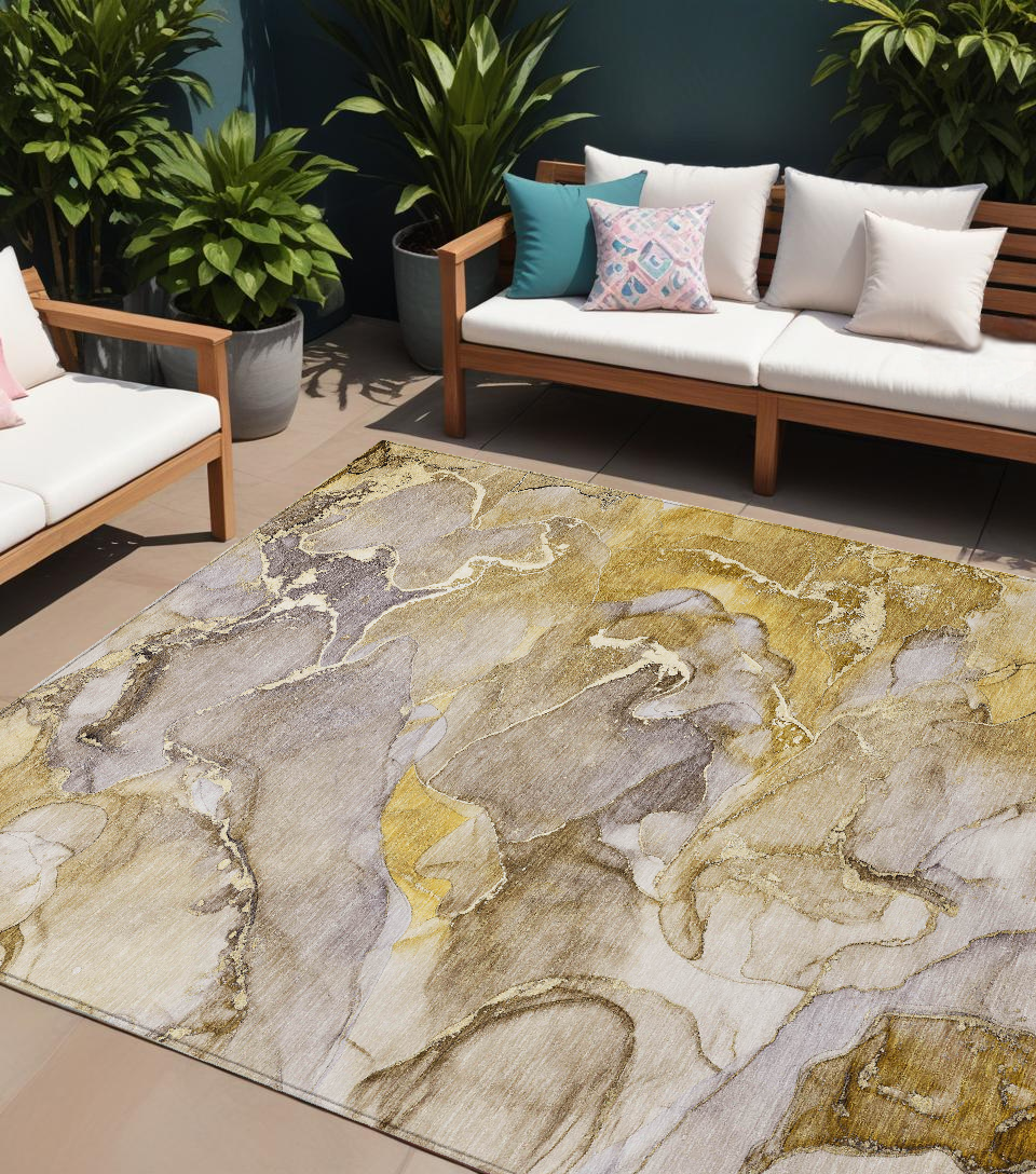 9' X 12' Taupe Abstract Washable Non Skid Indoor Outdoor Area Rug