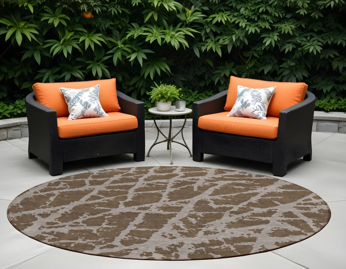 8' Round Brown Round Abstract Washable Non Skid Indoor Outdoor Area Rug
