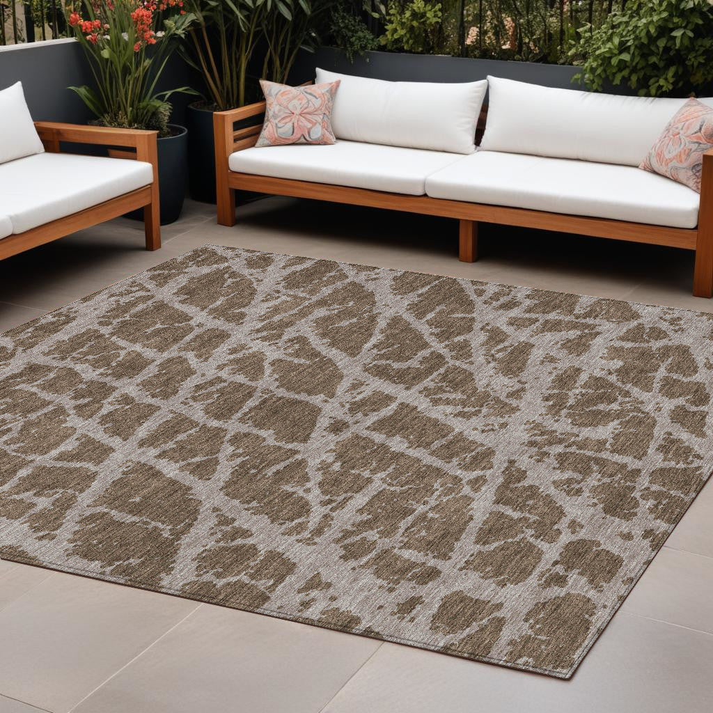 10' X 14' Brown Abstract Washable Non Skid Indoor Outdoor Area Rug