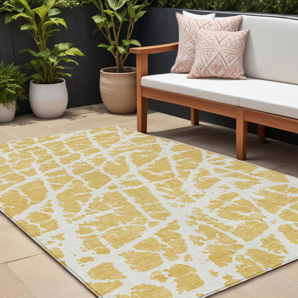 9' X 12' Gold And White Abstract Washable Non Skid Indoor Outdoor Area Rug