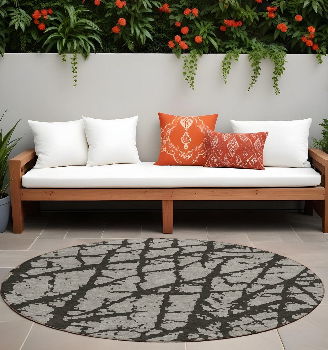 8' Round Gray And Black Round Abstract Washable Non Skid Indoor Outdoor Area Rug