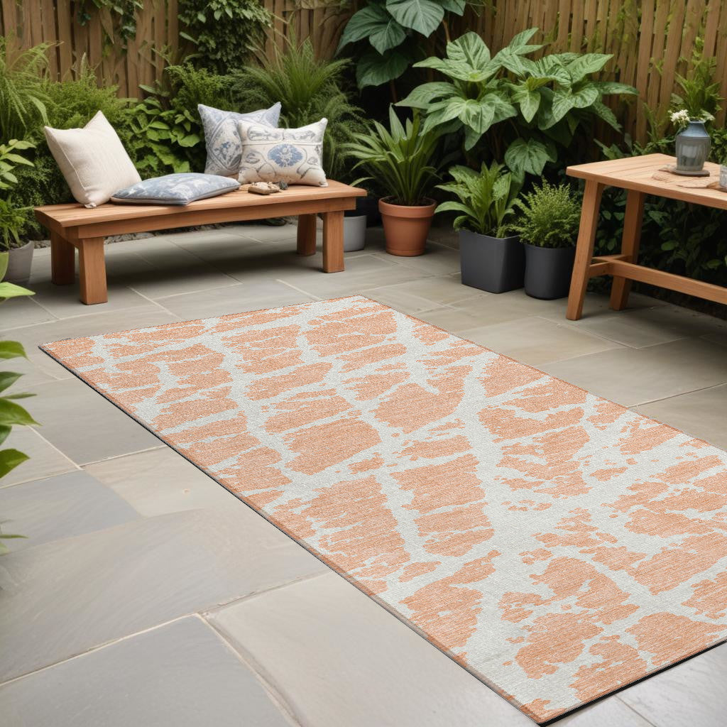 8' Runner Peach And Ivory Abstract Washable Non Skid Indoor Outdoor Runner Rug