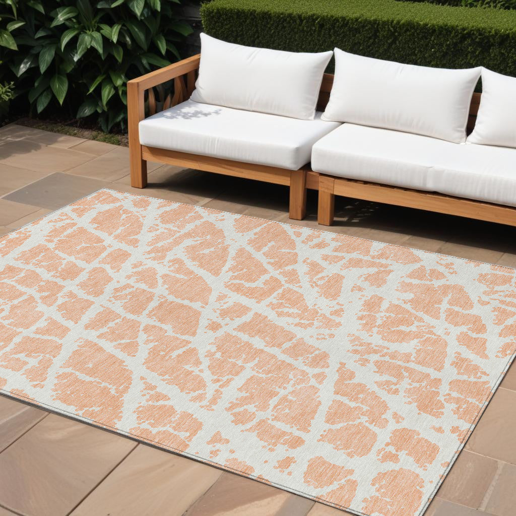 9' X 12' Peach And Ivory Abstract Washable Non Skid Indoor Outdoor Area Rug