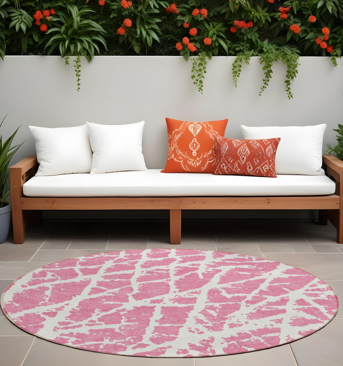 8' Round Pink And Ivory Round Abstract Washable Non Skid Indoor Outdoor Area Rug