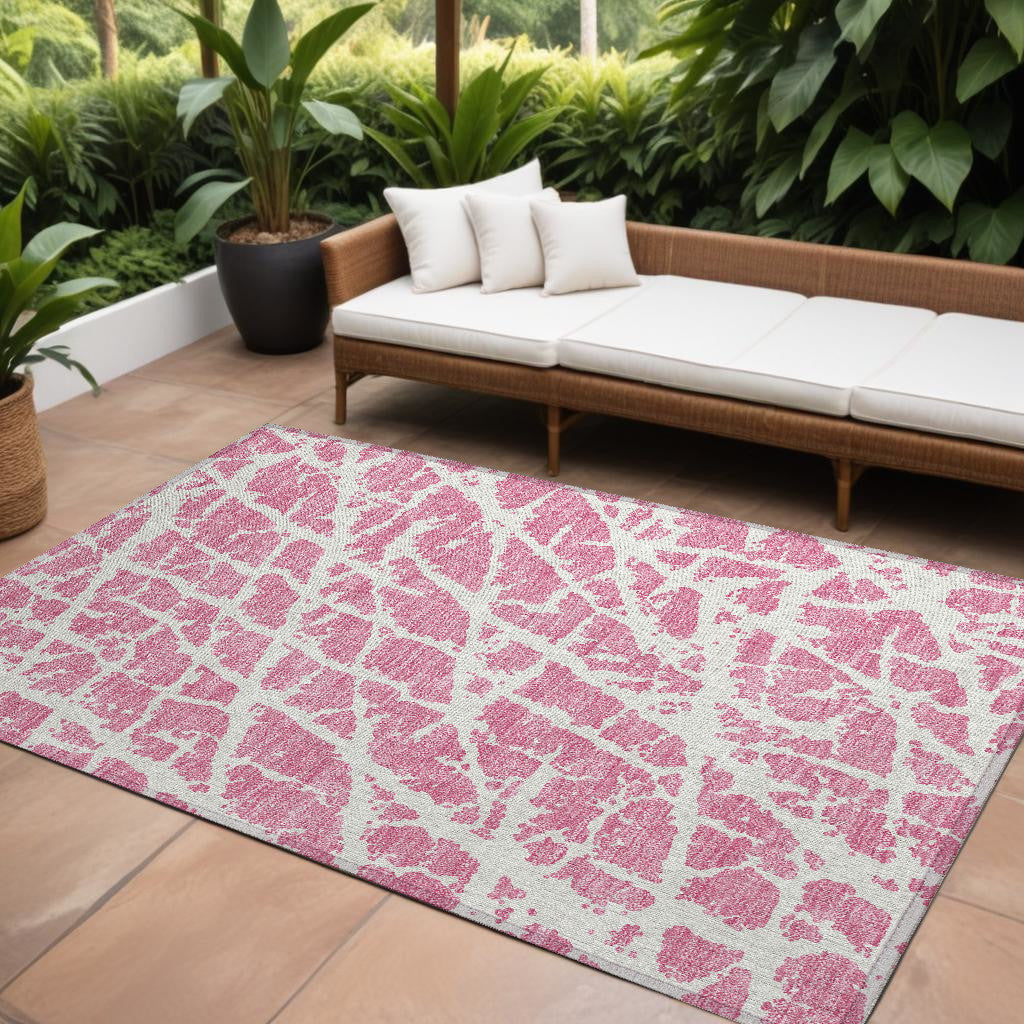 10' X 14' Pink And Ivory Abstract Washable Non Skid Indoor Outdoor Area Rug