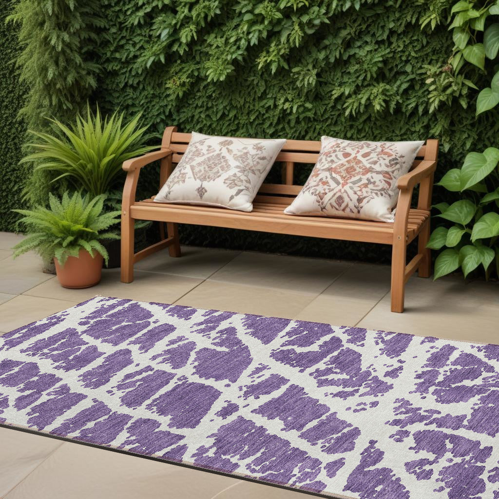 8' Runner Purple And White Abstract Washable Non Skid Indoor Outdoor Runner Rug