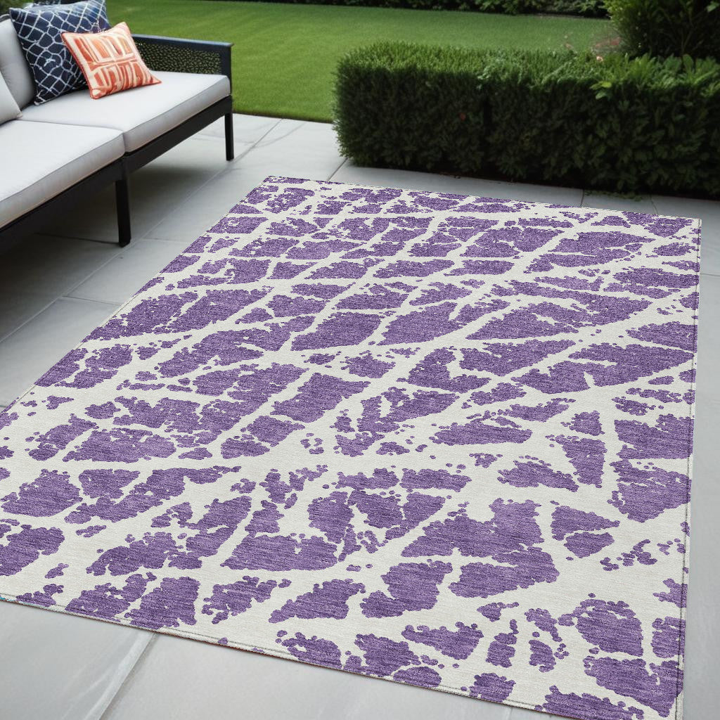 5' X 8' Purple And White Abstract Washable Non Skid Indoor Outdoor Area Rug