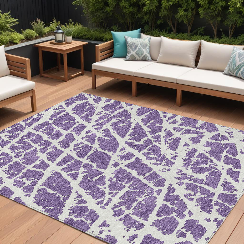 8' X 10' Purple And White Abstract Washable Non Skid Indoor Outdoor Area Rug