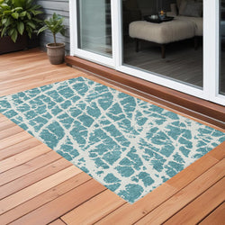 3' X 5' Teal Abstract Washable Non Skid Indoor Outdoor Area Rug