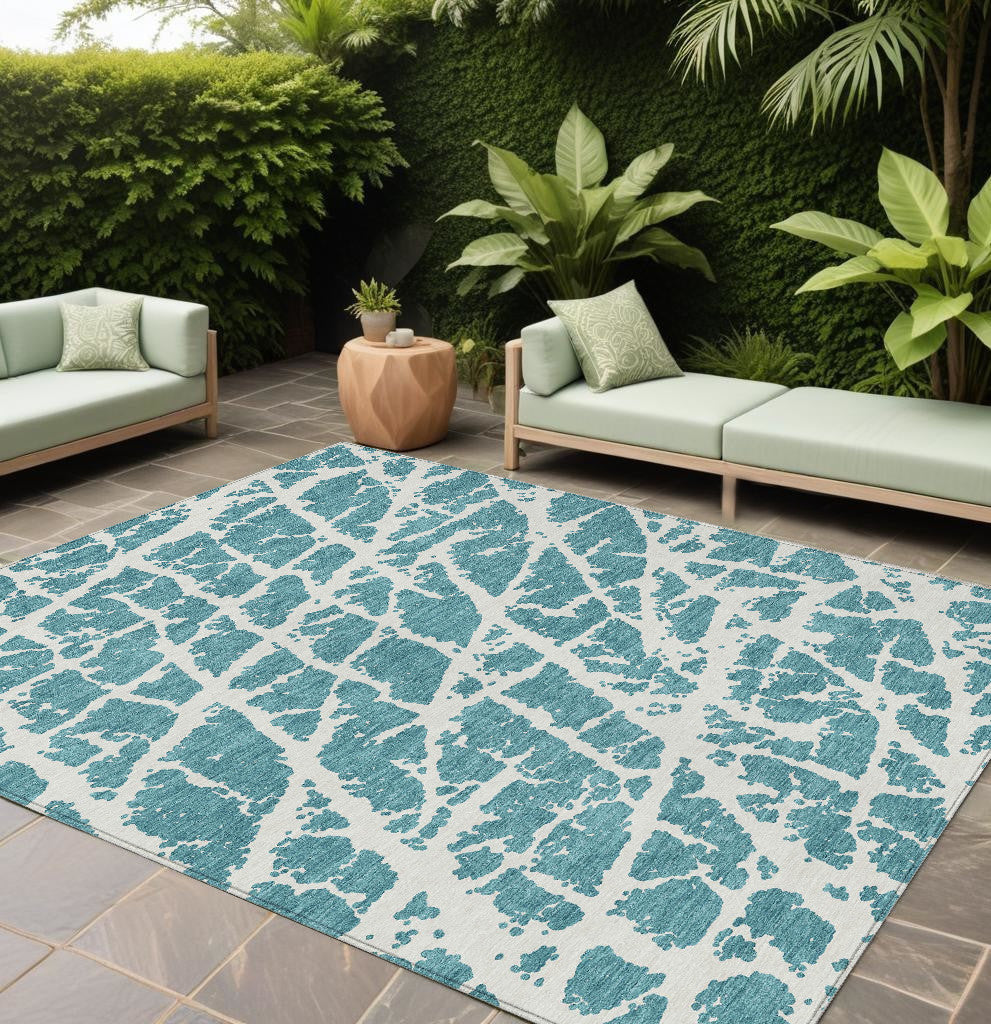 9' X 12' Teal Abstract Washable Non Skid Indoor Outdoor Area Rug
