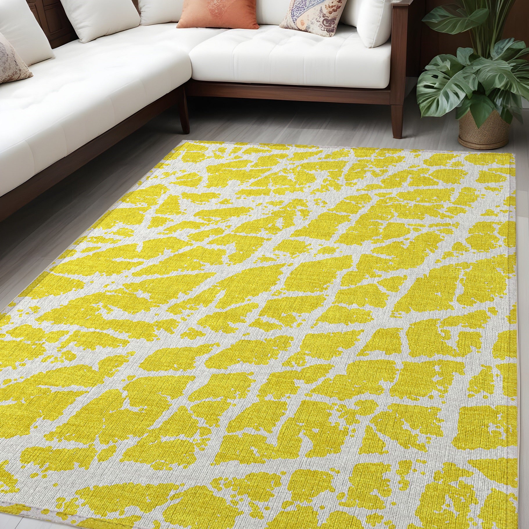 5' X 8' Yellow And White Abstract Washable Non Skid Indoor Outdoor Area Rug