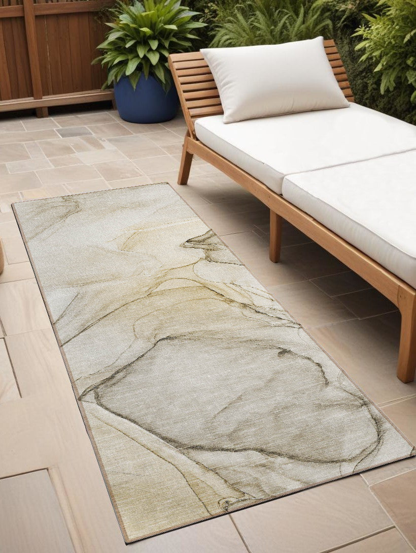 8' Runner Beige And Gray Abstract Washable Non Skid Indoor Outdoor Runner Rug