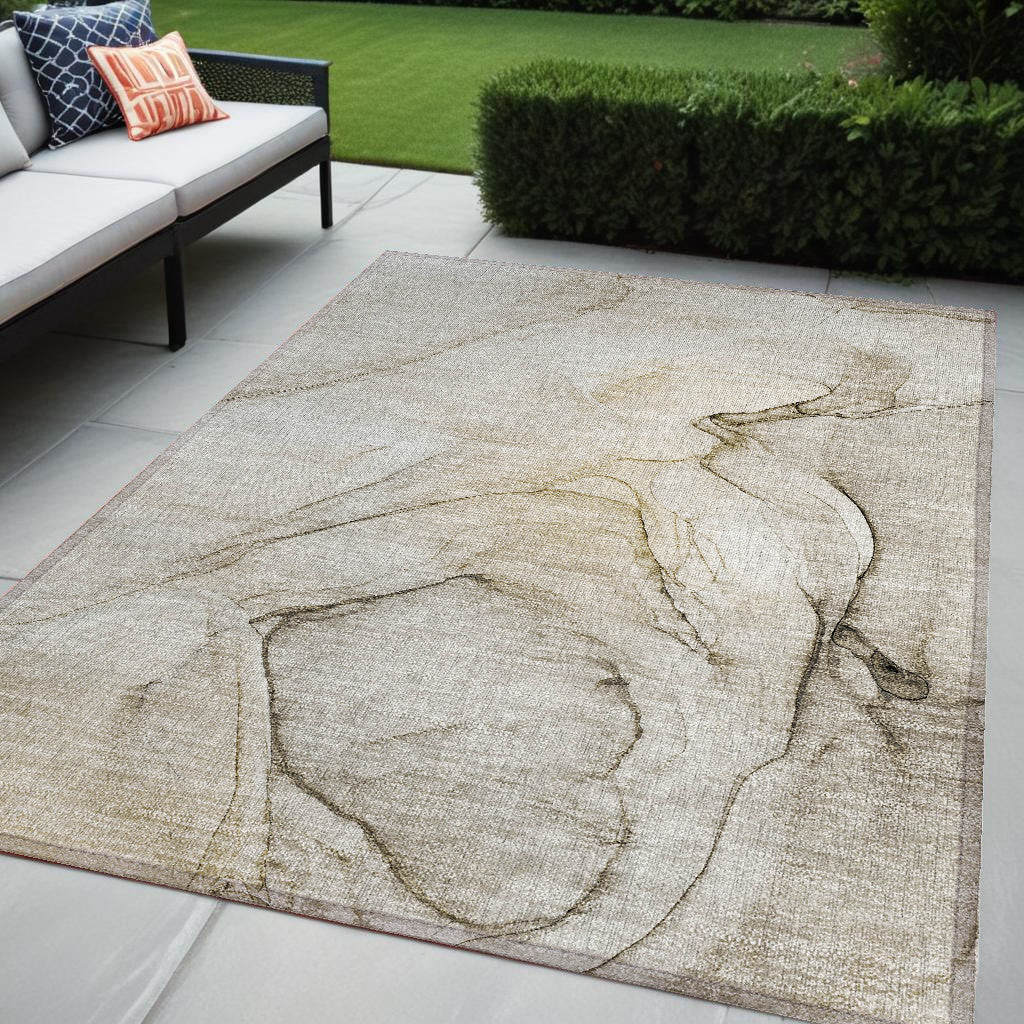 5' X 8' Beige And Gray Abstract Washable Non Skid Indoor Outdoor Area Rug