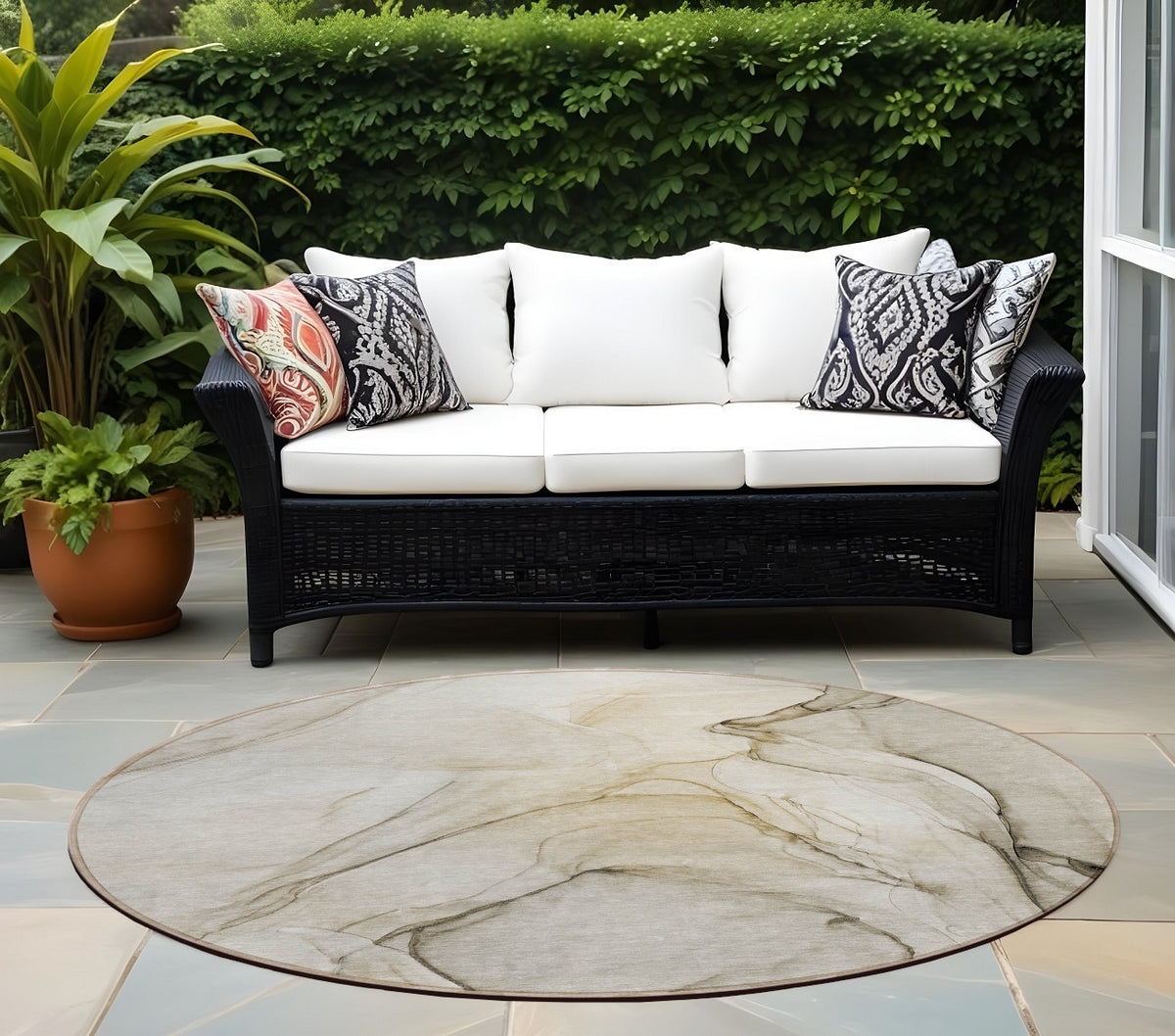 8' Round Beige And Gray Round Abstract Washable Non Skid Indoor Outdoor Area Rug