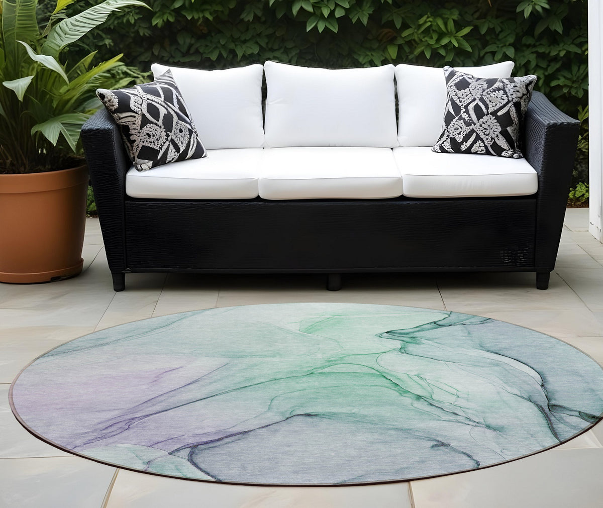 8' Round Blue And Gray Round Abstract Washable Non Skid Indoor Outdoor Area Rug