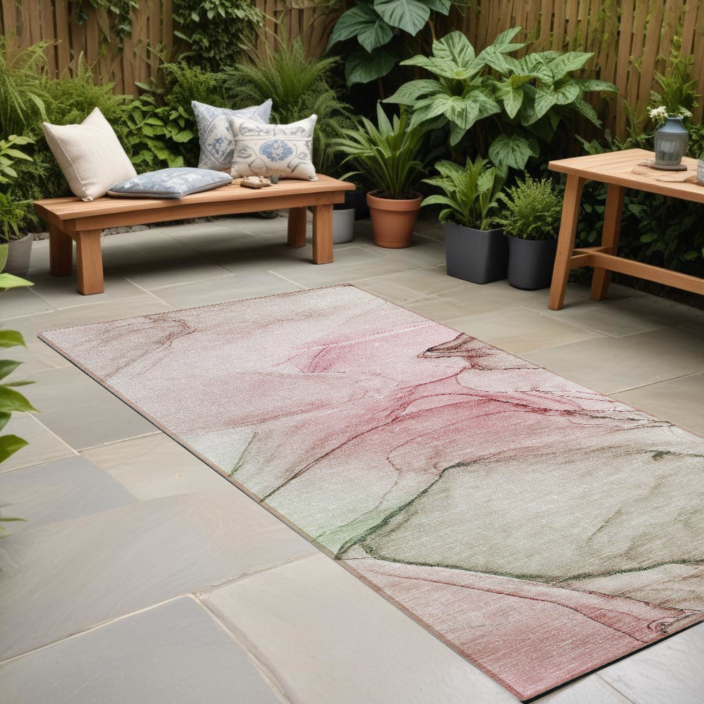 8' Runner Gray And Pink Abstract Washable Non Skid Indoor Outdoor Runner Rug