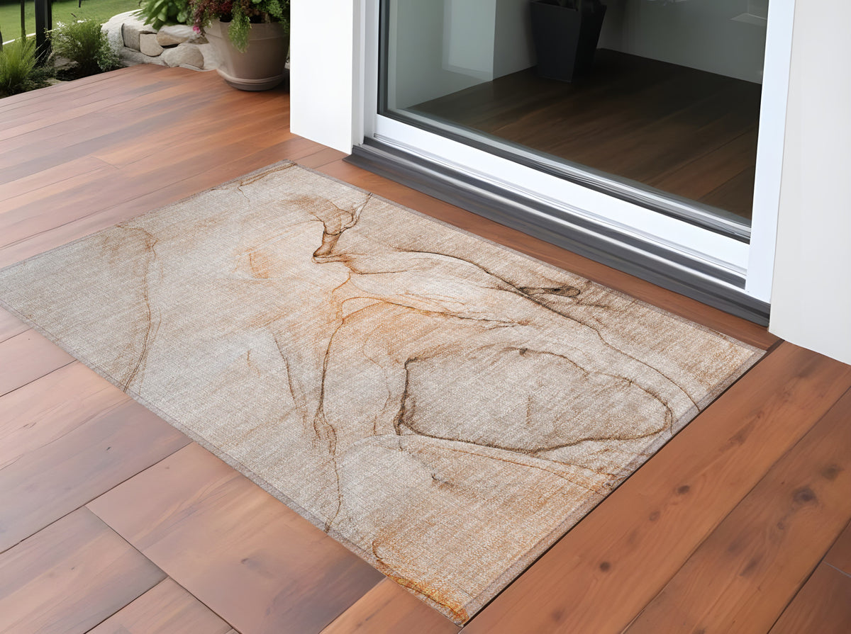 3' X 5' Gray And Orange Abstract Washable Non Skid Indoor Outdoor Area Rug