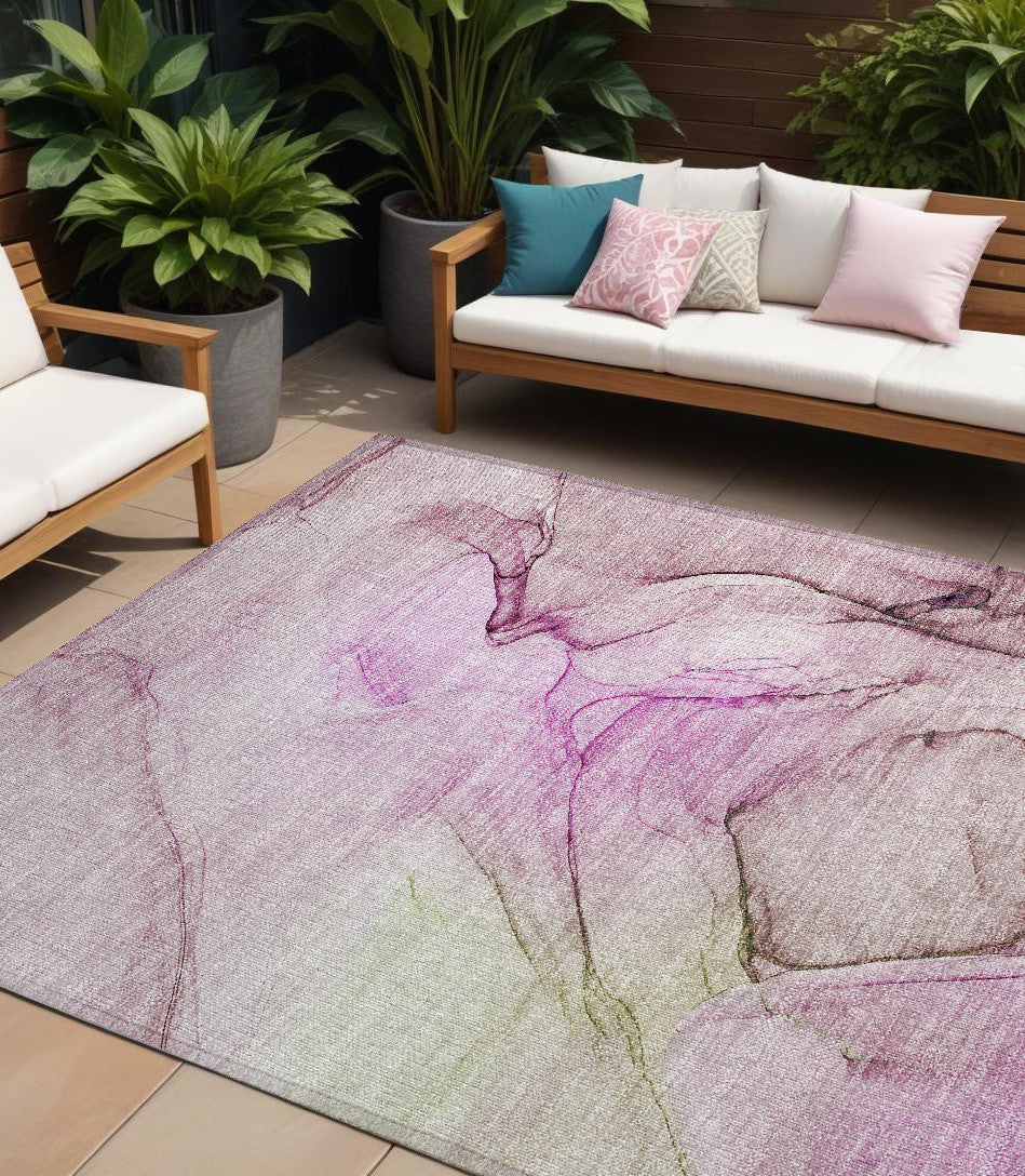 9' X 12' Pink Abstract Washable Non Skid Indoor Outdoor Area Rug