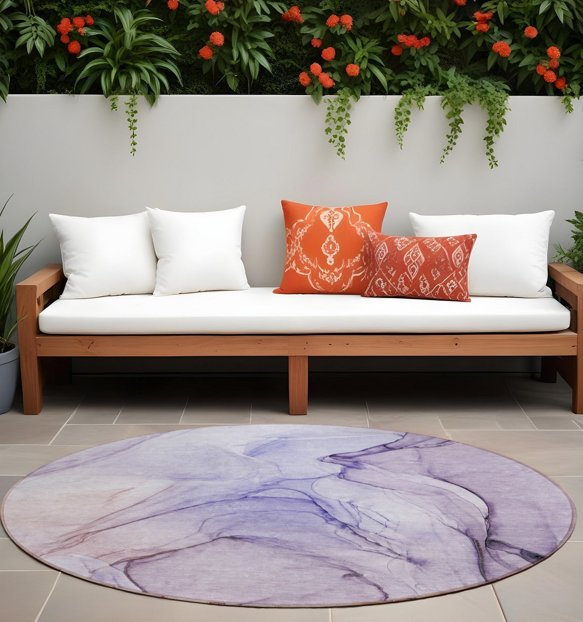 8' Round Gray And Purple Round Abstract Washable Non Skid Indoor Outdoor Area Rug
