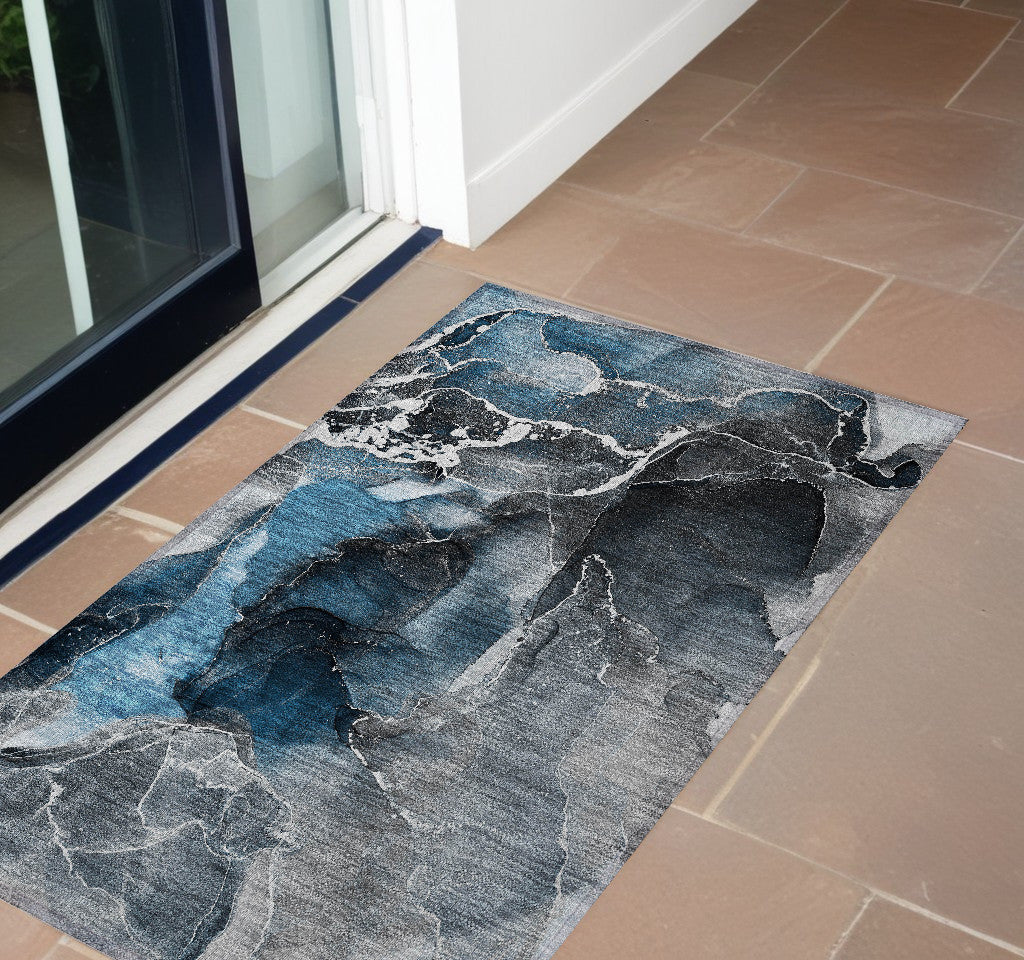 3' X 5' Ivory Blue And Gray Abstract Washable Non Skid Indoor Outdoor Area Rug