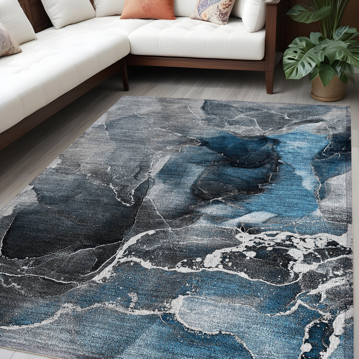 5' X 8' Ivory Blue And Gray Abstract Washable Non Skid Indoor Outdoor Area Rug