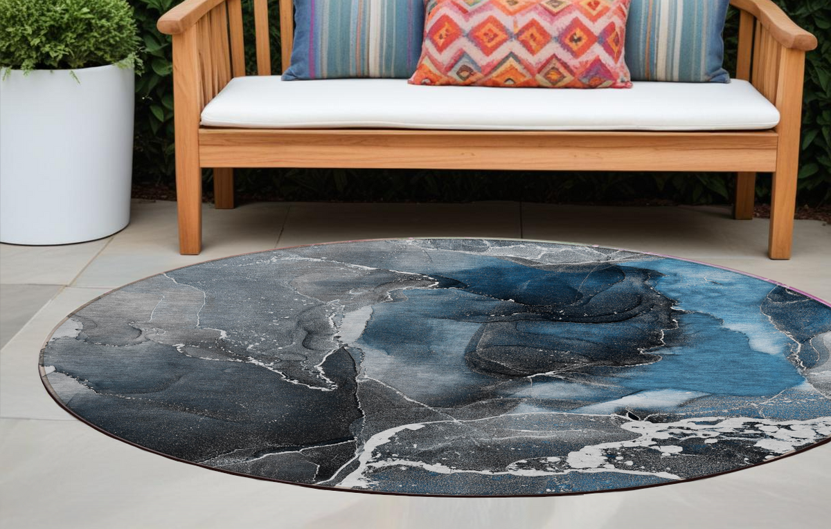 8' Round Ivory Blue And Gray Round Abstract Washable Non Skid Indoor Outdoor Area Rug