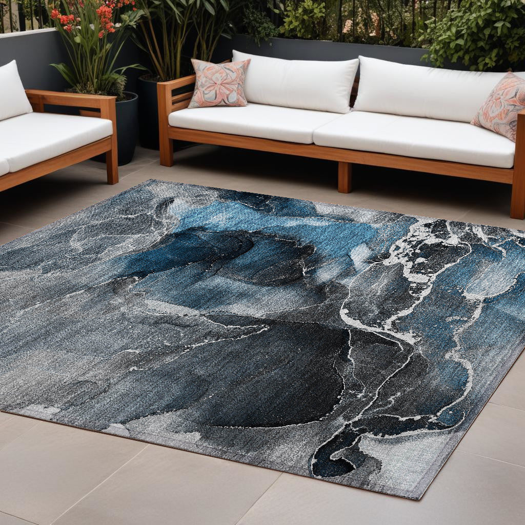 9' X 12' Ivory Blue And Gray Abstract Washable Non Skid Indoor Outdoor Area Rug