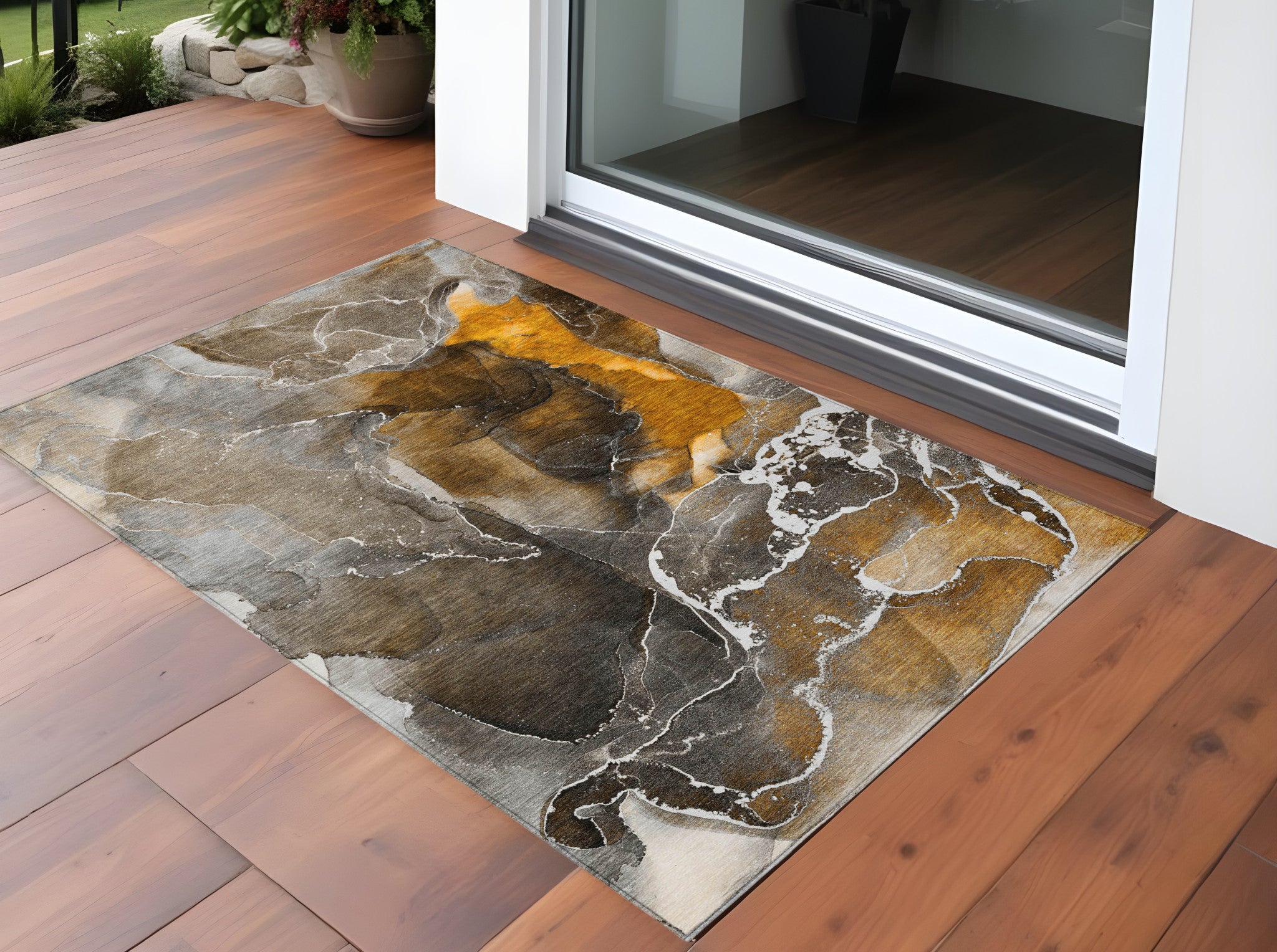 2' X 3' Brown And Gray Abstract Washable Non Skid Indoor Outdoor Area Rug