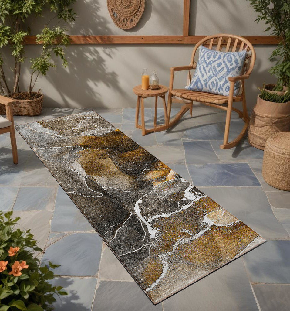 8' Runner Brown And Gray Abstract Washable Non Skid Indoor Outdoor Runner Rug
