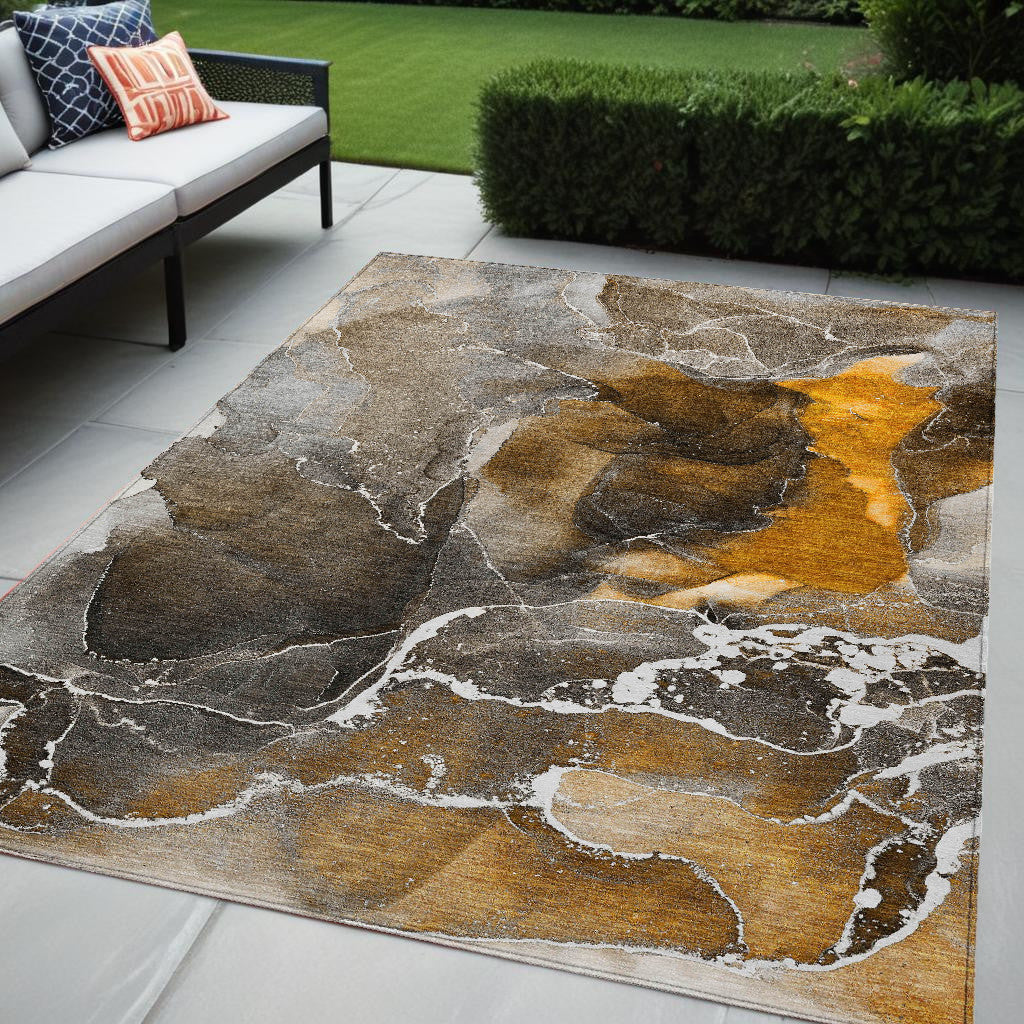 5' X 8' Brown And Gray Abstract Washable Non Skid Indoor Outdoor Area Rug