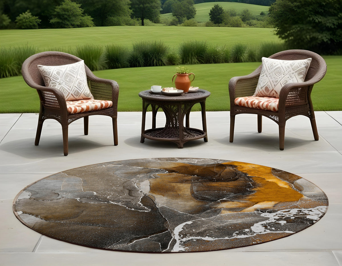 8' Round Brown And Gray Round Abstract Washable Non Skid Indoor Outdoor Area Rug