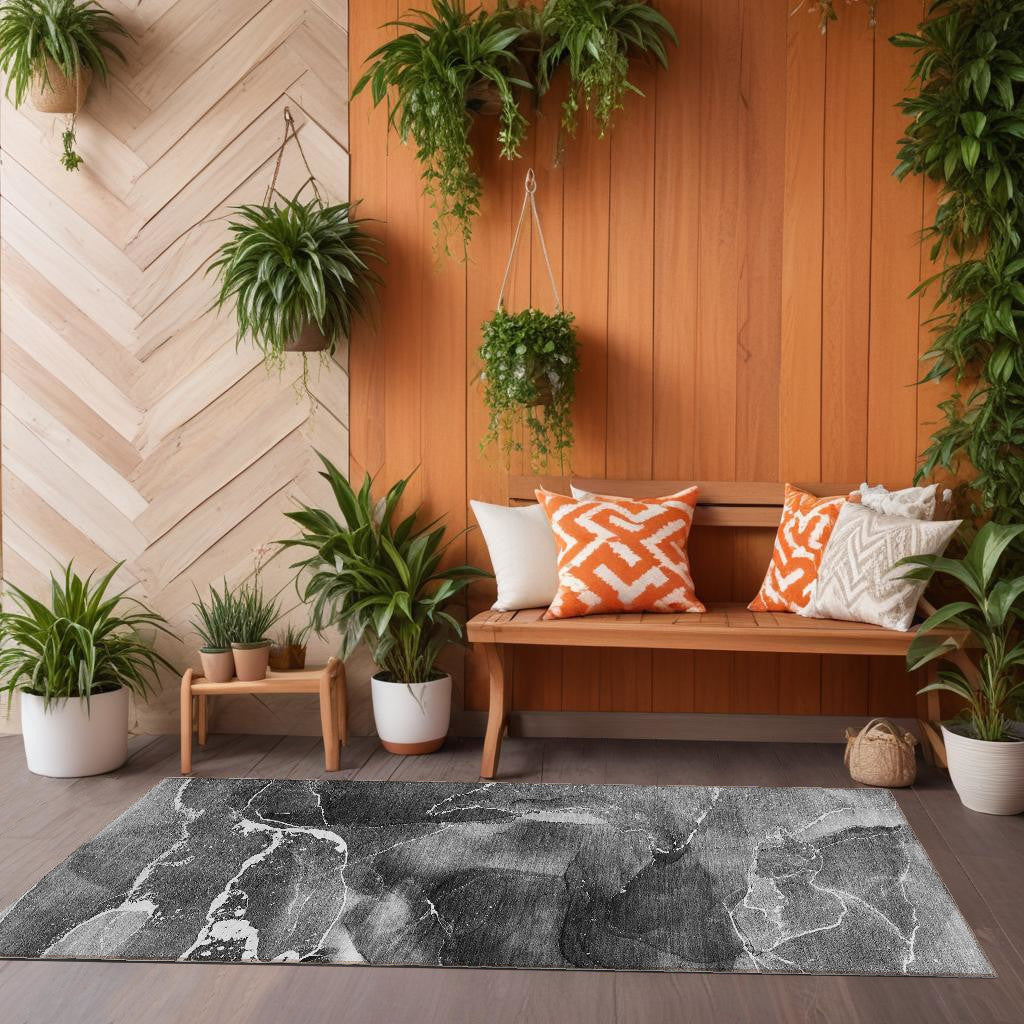 8' Runner Black Gray And White Abstract Washable Non Skid Indoor Outdoor Runner Rug