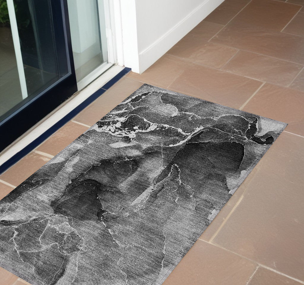 3' X 5' Black Gray And White Abstract Washable Non Skid Indoor Outdoor Area Rug