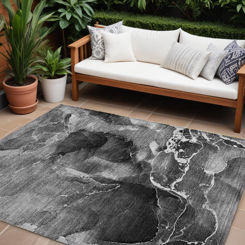 9' X 12' Black Gray And White Abstract Washable Non Skid Indoor Outdoor Area Rug