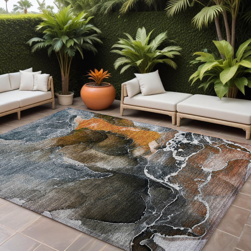 10' X 14' Orange Abstract Washable Non Skid Indoor Outdoor Area Rug