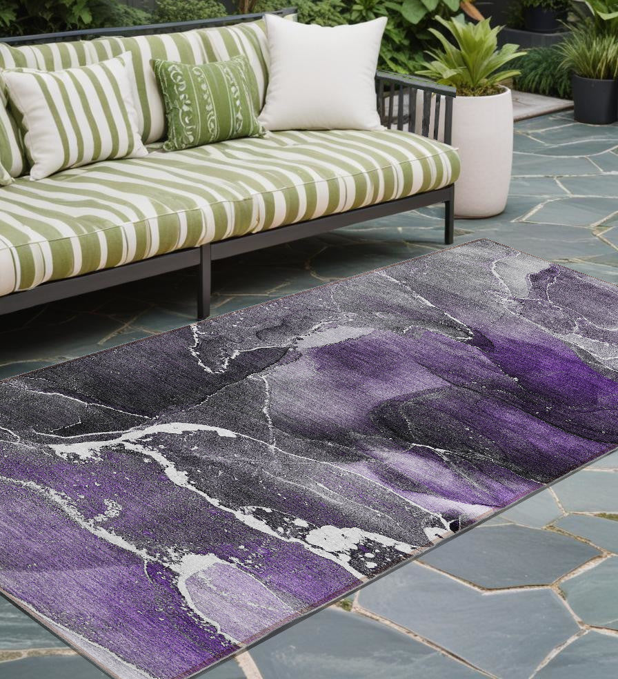 8' Runner Gray And Purple Abstract Washable Non Skid Indoor Outdoor Runner Rug
