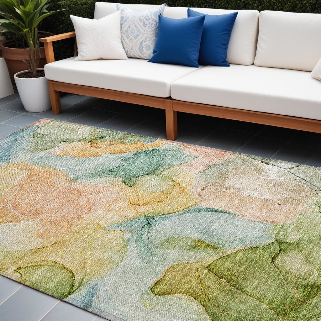 10' X 14' Blue Abstract Washable Non Skid Indoor Outdoor Area Rug