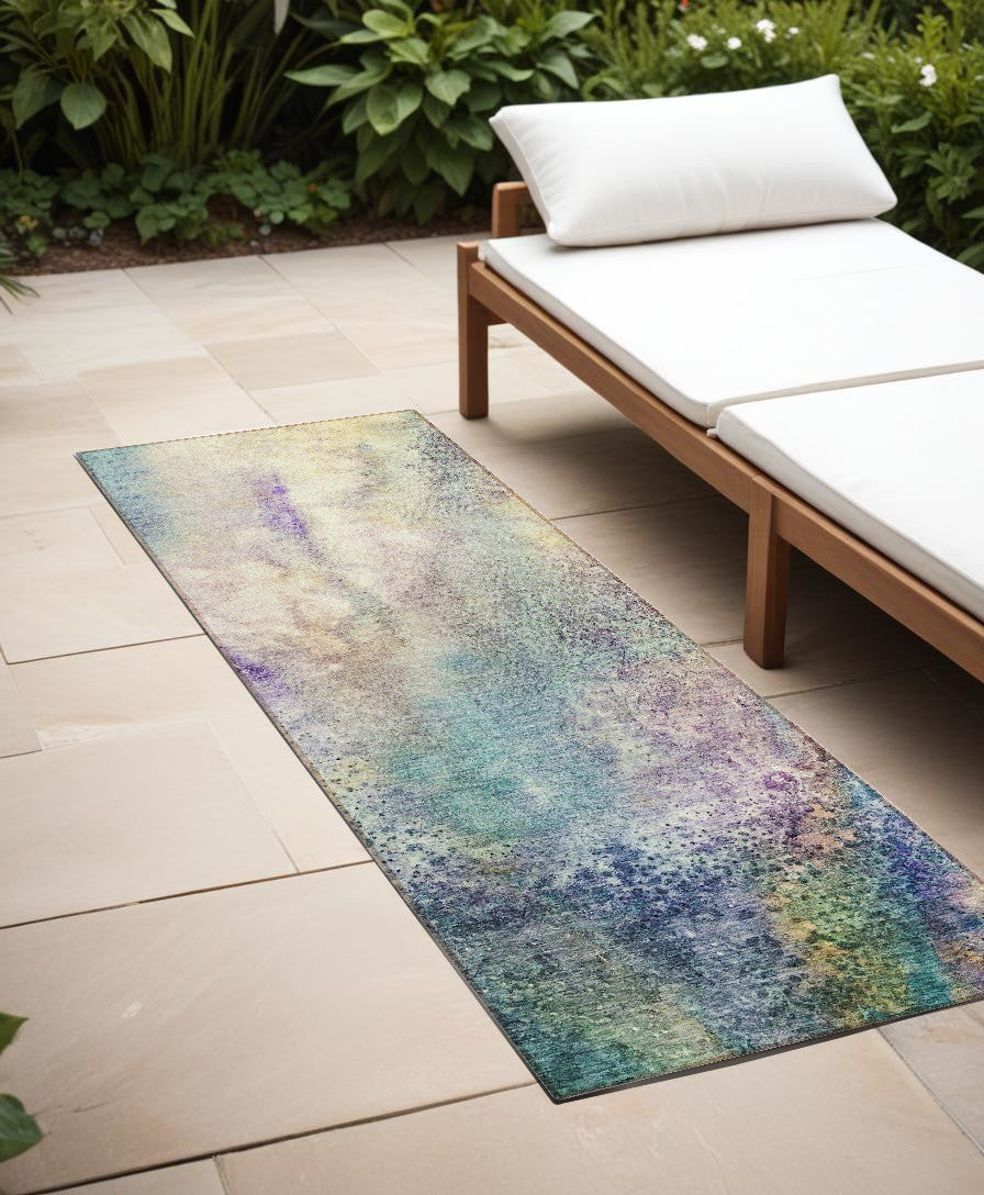 8' Runner Beige Blue And Gray Abstract Washable Non Skid Indoor Outdoor Runner Rug