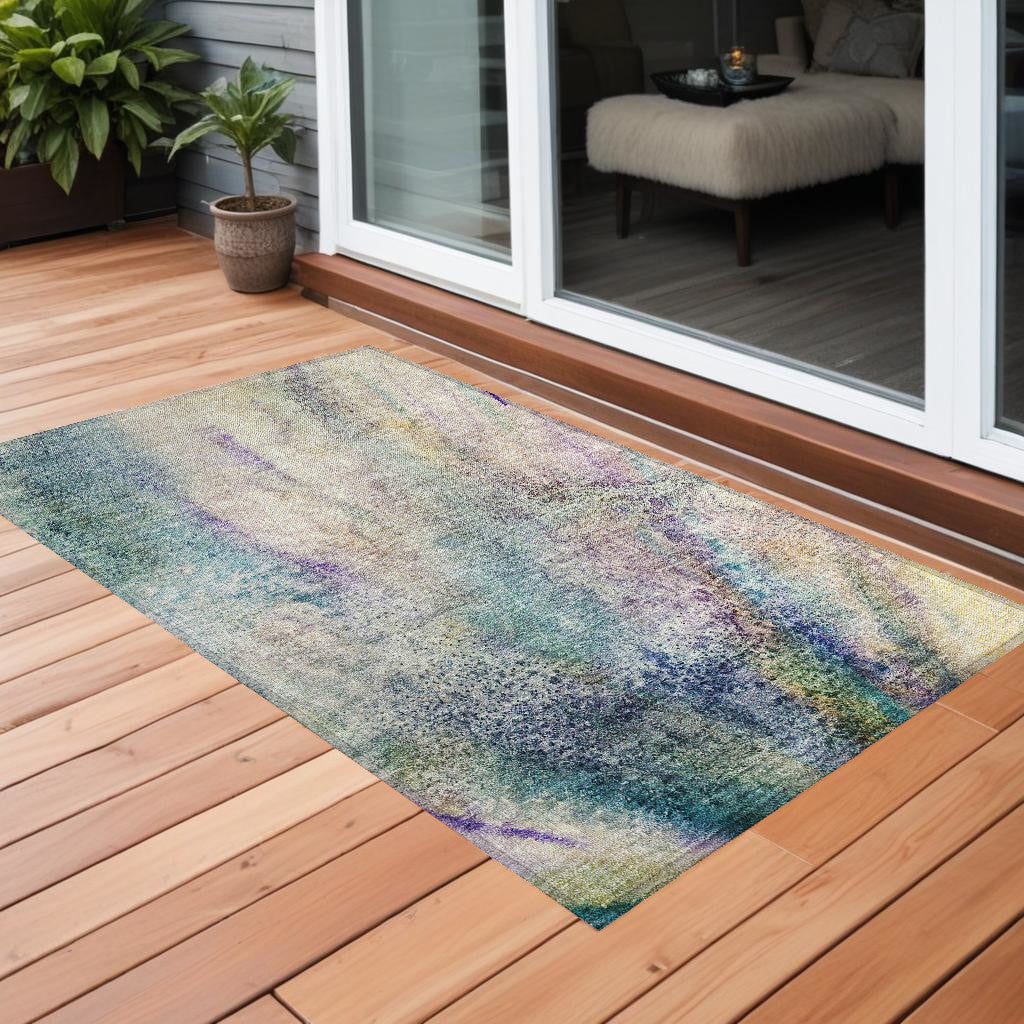 3' X 5' Beige Blue And Gray Abstract Washable Non Skid Indoor Outdoor Area Rug