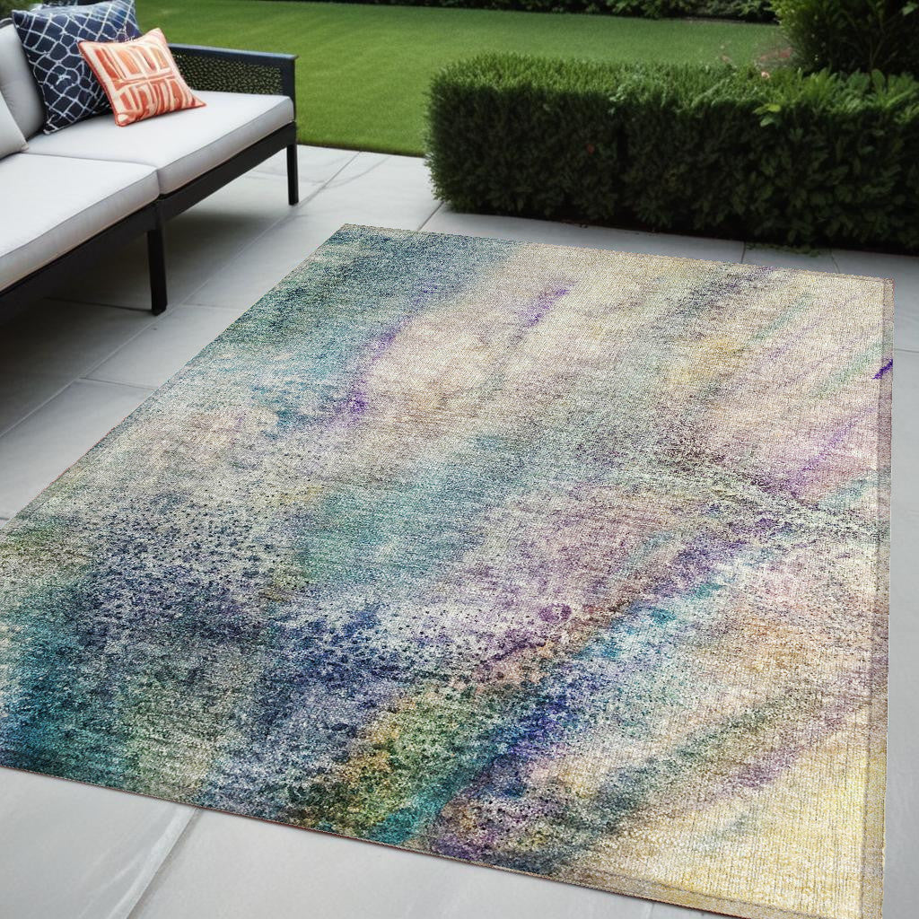 5' X 8' Ivory Abstract Washable Non Skid Indoor Outdoor Area Rug