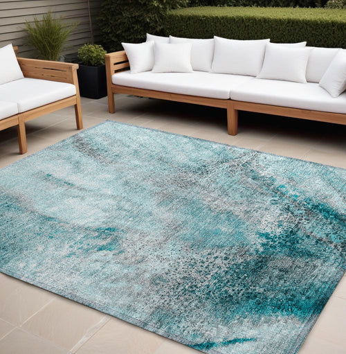 10' X 14' Gray And Ivory Abstract Washable Non Skid Indoor Outdoor Area Rug