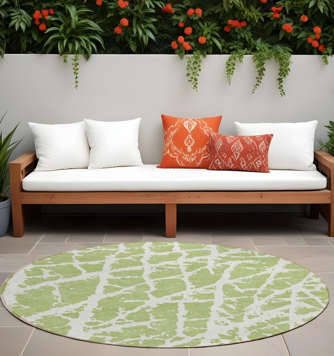 8' Round Green And White Round Abstract Washable Non Skid Indoor Outdoor Area Rug