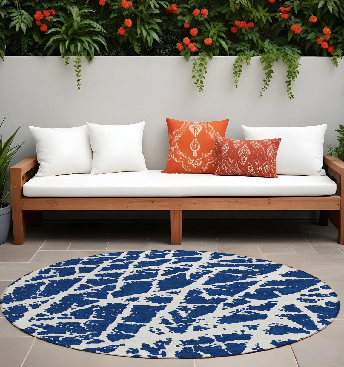 8' Round Blue And White Round Abstract Washable Non Skid Indoor Outdoor Area Rug