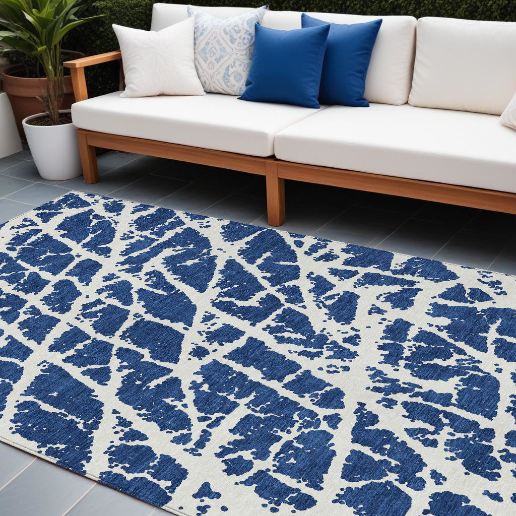 10' X 14' Blue And White Abstract Washable Non Skid Indoor Outdoor Area Rug